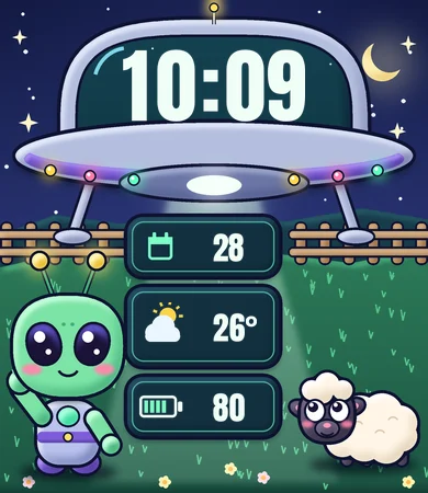 Chibi Alien UFO Sheep Pasture Night