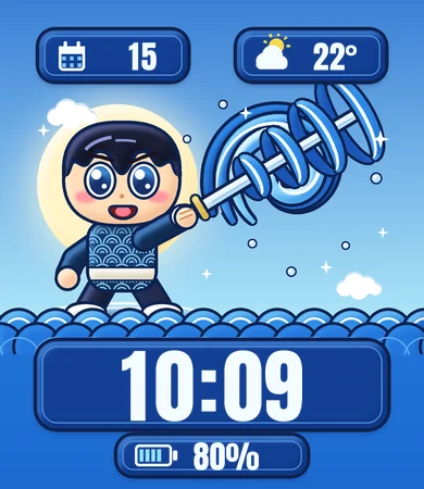 Chibi Water Ripple Swordsman Blue Waves
